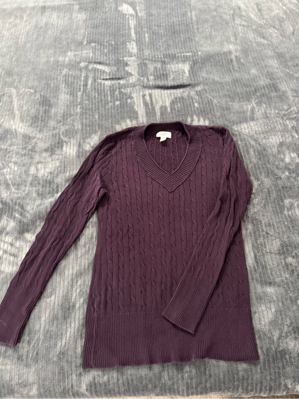 LOFT Plum Cable Knit V-Neck Sweater